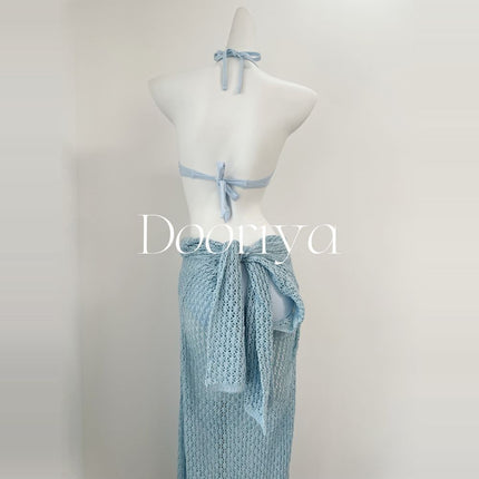 Source manufacturers blue beautiful hot spring seaside vacation swimsuit new bikini swimsuit women's knitted long sleeve blouse