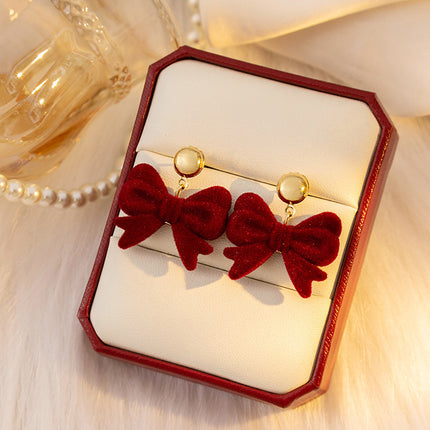 925 Silver New Wine Red Flocking Earrings Elegant Atmosphere Bow Rose New Year Spring Festival Chinese Style Earrings