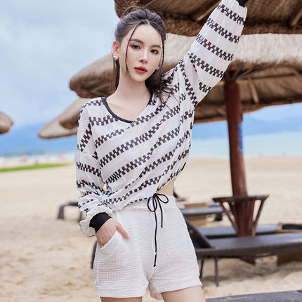 2024 new swimsuit women's split four-piece suit belly covering slimming gathered small chest South Korea ins style Hot Spring