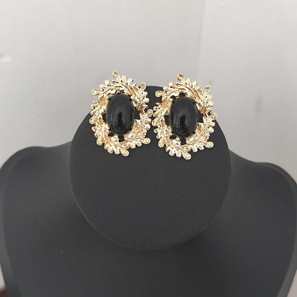 New Cross-border Exaggerated Elegant Big Pearl Leaf Baroque Earrings Korean Style Big Ear Studs European and American Vintage Earrings