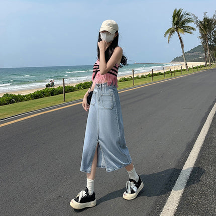 2024 New High-end Denim Skirt Slimming All-match Summer Thin Light Color Soft Denim Front Split Design Skirt