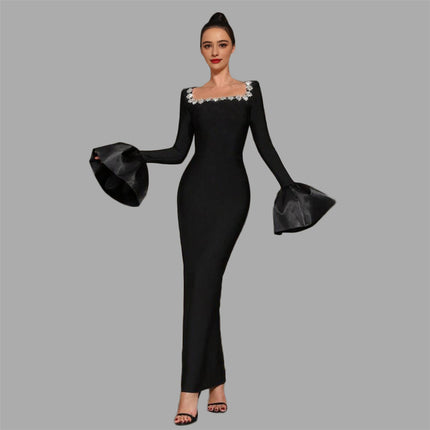 Cross-border European and American Socialite Elegant Nail Drill Horn Sleeve Bandage dress Banquet Party Evening Dress
