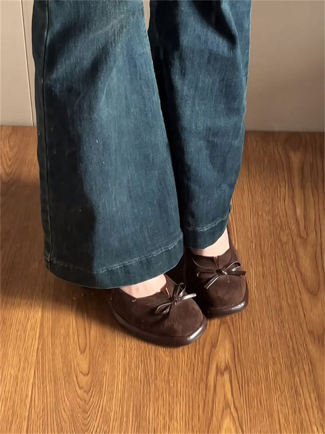 Retro Brown Suede Slip-On Bow New Shoes for Women New Summer Waterproof Platform Thick Heel Shoes