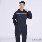 Navy blue jumpsuit hooded slr*polyester card fabric / M-165