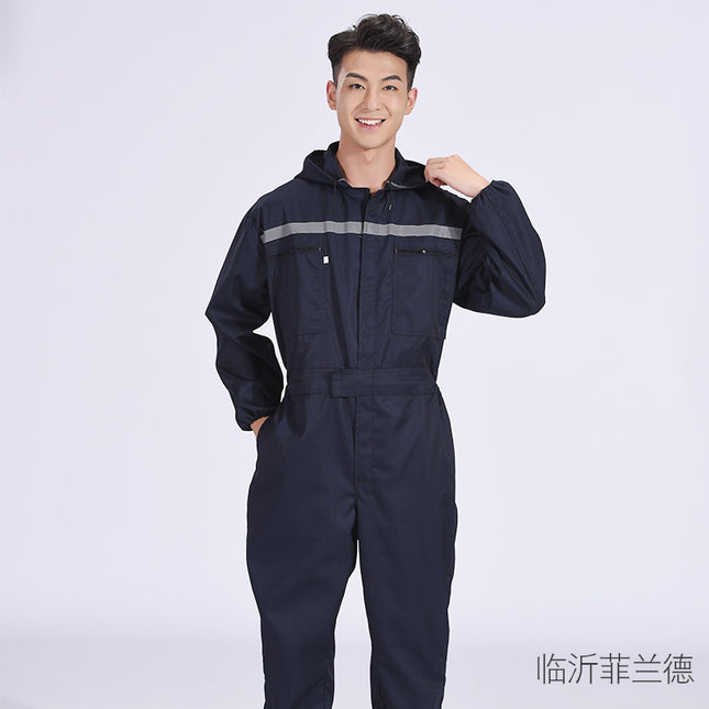 Men's One-Piece Work Suit, Dustproof, with Reflective Strips, for Shipyard Workers, Mechanical Repair, Aquaculture Factory, Labor Protection Clothing, Hooded Workwear, Large Size