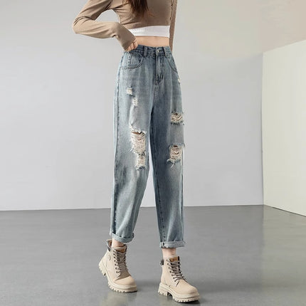 High Waist Ripped Harlan Jeans Women's Summer New 2024 Fashion Brand Loose Straight Slim Fit Turnip Pants
