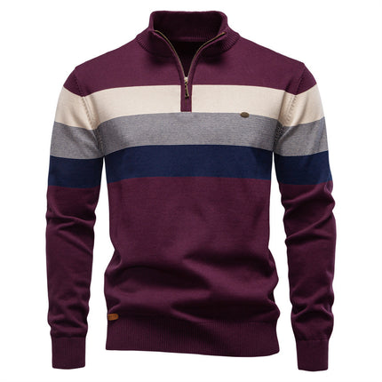 Autumn and Winter Fashion Semi-Cross-Border Striped Knitwear Men's Spliced Pullover Zipper Men's Knitwear Khaki Green