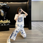 White T-shirt blue and white porcelain pants set / S