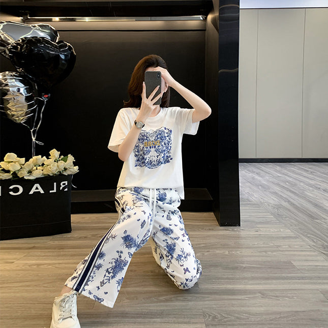 Fashionable Age-reducing Casual suit Women Blue and White Porcelain Printed Butterfly High-end Fashion Sports Casual suit Women
