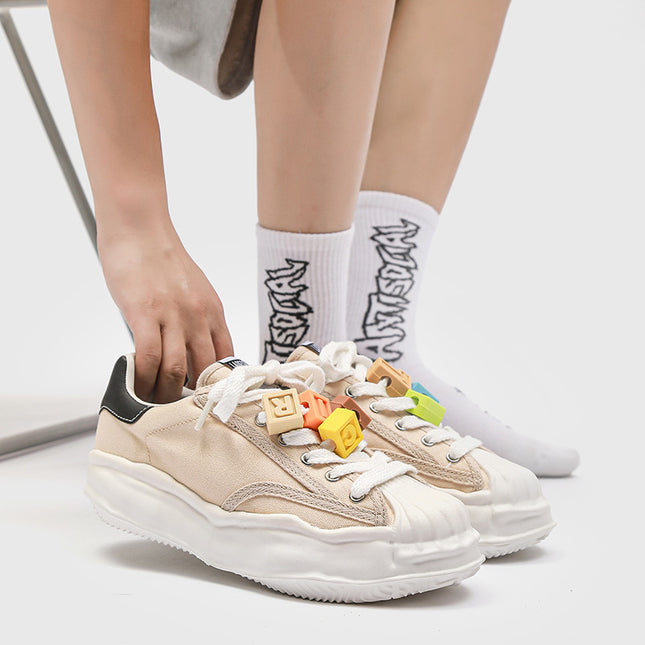 Men's Shoes Summer New Niche Canvas Board Shoes Internet Popular Shell Head Couple's Casual All-match Thick Sole Dissolving Shoes Trendy