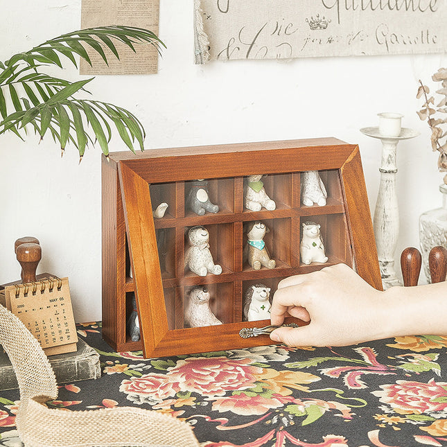 12-grid vintage solid wood jewelry box hand account tape stamp ornaments bedroom desktop storage text play storage wooden box