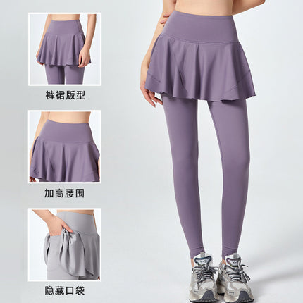 New High Waist Abdominal Tight Sports Trousers Women's Breathable Yoga Fitness Fake Two-Piece Culottes Slimming Tight Leggings