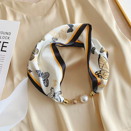 Magnetic Buckle Small Silk Scarf 2023 Women's Autumn and Winter Scarf Pearl Necklace with Shirt Scarf Accessories Pearl Buckle