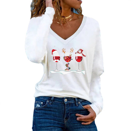 New Color European and American Amazon Aliexpress Christmas Three Wine Glass Printed Long-Sleeved Versatile Christmas Women's T-Shirt