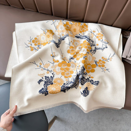 High-End Plum Blossom Scarf for Women, Imitation Cashmere Office Air-Conditioned Room Shawl, Winter Mother's Gift Scarf