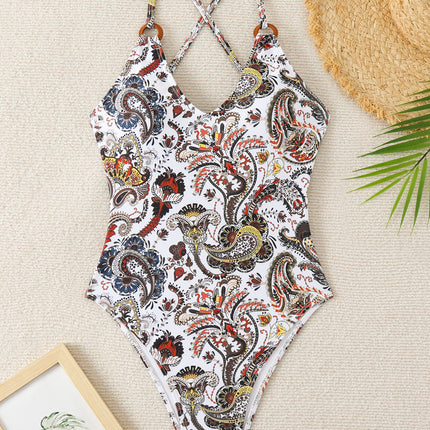 2025 new printed cross slim one-piece swimsuit ladies European and American sexy one-piece bikini swimsuit manufacturers