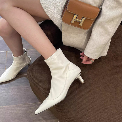 2025 Spring and Autumn New Retro Patchwork Pointed Toe Short Boots Women's Autumn New Soft Leather Kitten Heel Stretch Slim Boots