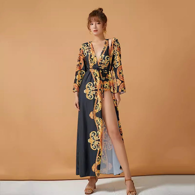 INS new sexy deep V belly-covering beauty back slimming retro style printed French robe one-piece swimsuit women's two-piece suit