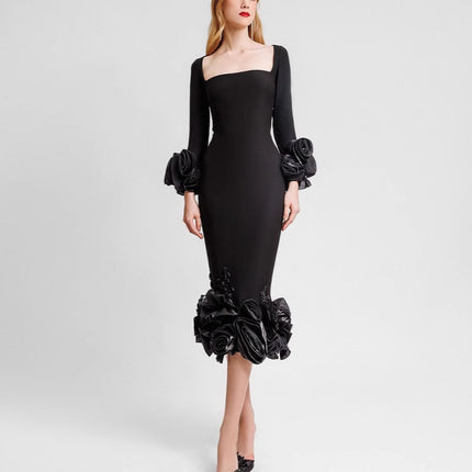 Europe and the United States cross-border boutique women's dress round neck three-dimensional flower nail drill slim hip bandage evening dress
