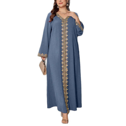 In-Stock Ethnic Style Women's Clothing Autumn Embroidered V-Neck Long-Sleeve Dress Loose Long Dress Exotic Style Clothing
