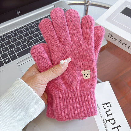 Warm Gloves for Women in Autumn and Winter to Prevent Cold and Keep Students Warm, Cute Bear Wool Knitted Touch Screen Fingers