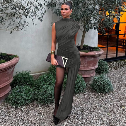 European and American Export New Summer Short Skirt Round Neck Stitching Pleated Irregular Elegant Dress Sexy Slim Dress