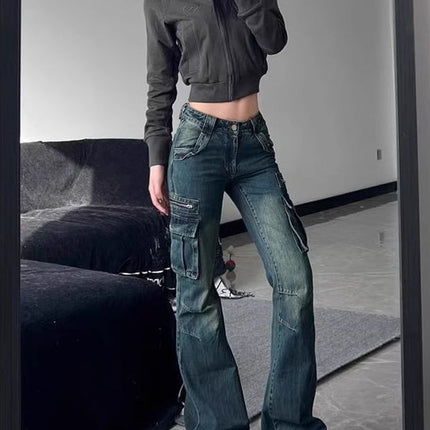 American Retro Pocket Tooling Micro Horn Tooling Jeans Women's New Low Waist Slimming Design Sense Long Trendy Pants