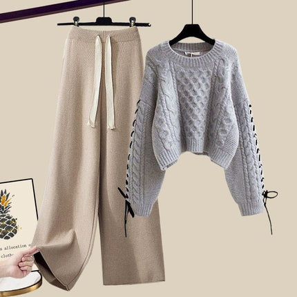 plus size Women's Autumn and Winter suit Women's 2024 New Pullover Knitted Sweater Women's Loose Slimming Wide Leg Pants Two-piece Set