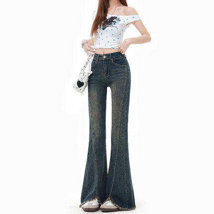Off-White American-Style Spicy Girl Flared Jeans for Women, 2025 Summer New High-Waisted Slimming Bootcut Jeans with Frayed Edges