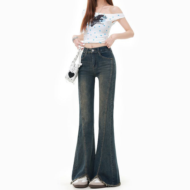 Off-White American-Style Spicy Girl Flared Jeans for Women, 2025 Summer New High-Waisted Slimming Bootcut Jeans with Frayed Edges