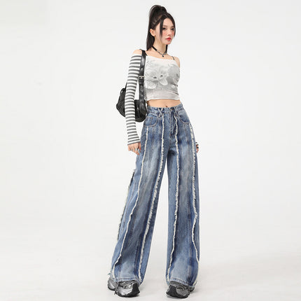 High Street Heavy Industry Stitching Design Stereo Wide Leg Jeans Women's 2025 Spring High Waist Slimming Pants
