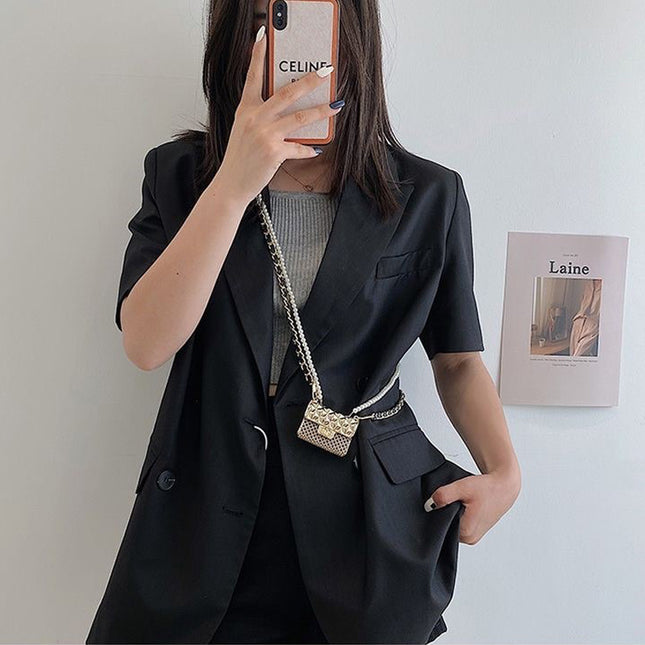 Internet Celebrity Chanel Style Mini Bag Women's Clothing Accessories Crossbody Bag Metal Diamond Plaid Pearl Chain Neck Bag