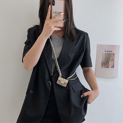 Internet Celebrity Chanel Style Mini Bag Women's Clothing Accessories Crossbody Bag Metal Diamond Plaid Pearl Chain Neck Bag