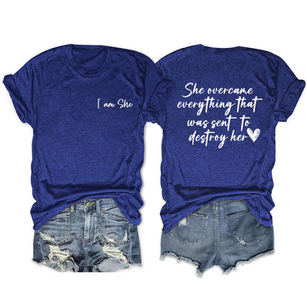 Amazon double-sided printed summer round neck short sleeve she overcame everthing loose all-match T-shirt