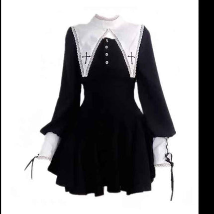 Evil Nun! Halloween Cos Costume Contrast Style Blackened Gothic Dark Style Horror Dress for Adult Women