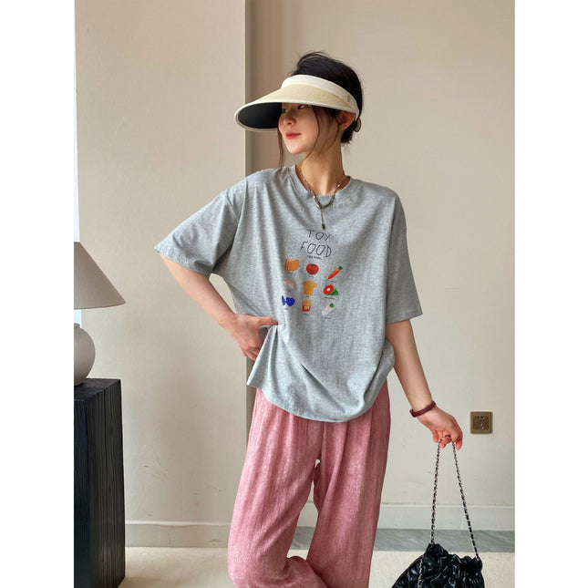 South Fish in stock! The breeze is blowing! Korean Style Fruit and Vegetable Printed Loose Cotton Short-sleeved T-shirt for Women