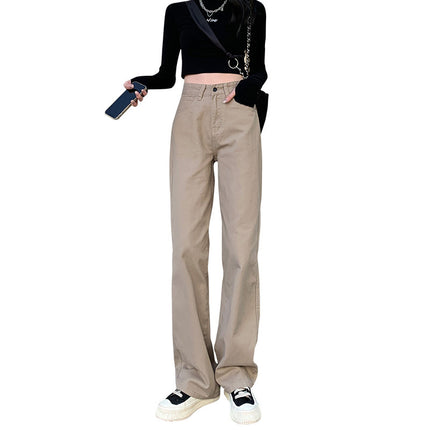 Khaki fleece-lined thick straight jeans women's pants autumn and winter one-piece velvet wide-leg pants lambswool mop pants