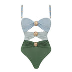 Green color block swimsuit / S