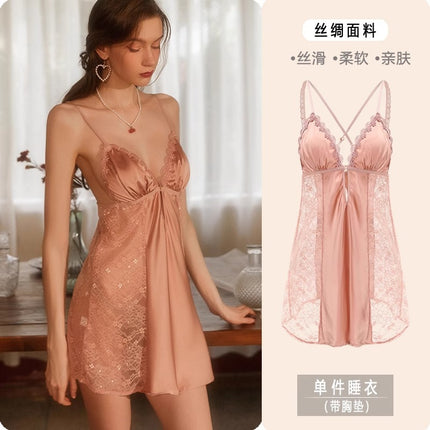 2026 New Sexy Sleepwear for Women, Summer Lace Camisole, Ice Silk Hot Girl Nightgown with Chest Pads, Pure Desire Style, High-End Feel