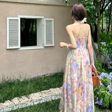 French-Style Oil Painting Halter Neck Spaghetti Strap Dress for Women, New Summer Vacation Style, Backless Floral Mid-Length Dress Ins