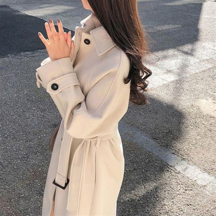 New Winter Student Korean Style Harajuku Style Mid-Length Waist Lace-Up Woolen Outwear for Women Ins Autumn Woolen Outwear