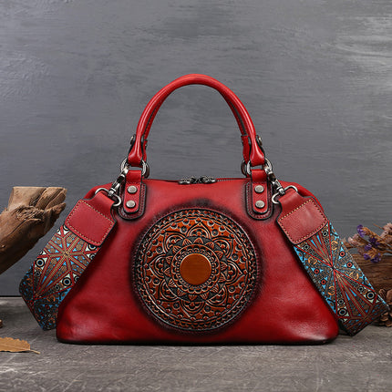 Embossed Totem Tote Bag in Vegetable-Tanned Leather for Women, Commuter Handbag, Large Capacity Shoulder Crossbody Dumpling Bag