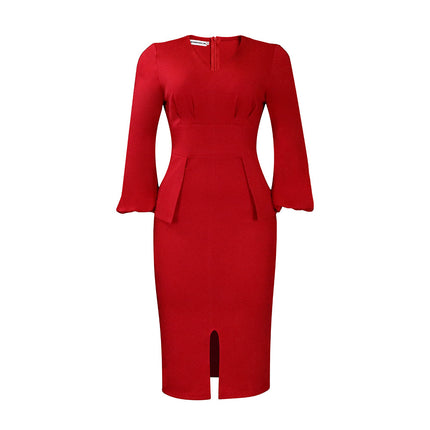 D354 Amazon European and American Women's V-neck Puff Sleeve Split Dress office Pencil Skirt African Dress