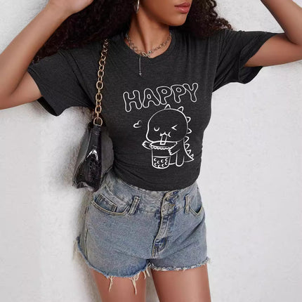 Fashion Joker Texture Color Cotton T-shirt Cartoon Dinosaur Clove Printing Casual Loose Short Sleeve European and American Cross
