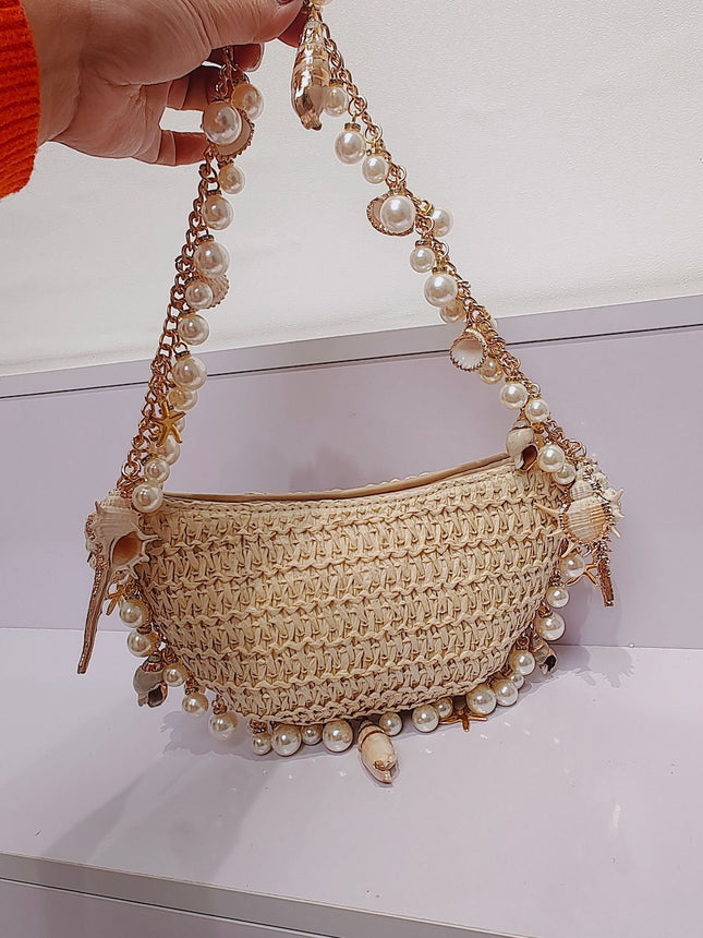 Spring and Summer 2025 New Fairy Pearl Conch Straw Bag Portable Crossbody Bag Small Mobile Phone Bag Hot Girl Y2K Trendy