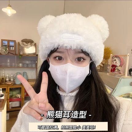 Bear plush knitted hat women's autumn and winter warm anti-fur pullover wool hat face-looking small sweet cute basin hat