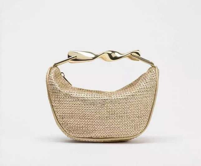 ZA home cross-border metal golden handle mini bag women's 2025 new straw woven bag shoulder slung zipper woven bag