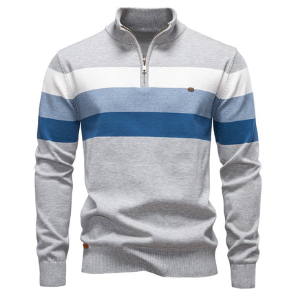 Autumn and Winter Fashion Semi-Cross-Border Striped Knitwear Men's Spliced Pullover Zipper Men's Knitwear Khaki Green