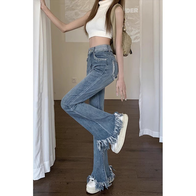 light blue Fringed Weiling Jeans Women's Trendy All-match New High Waist plus size Slim-fit Slim-fit Elastic Slim-fit Wide-leg Pants