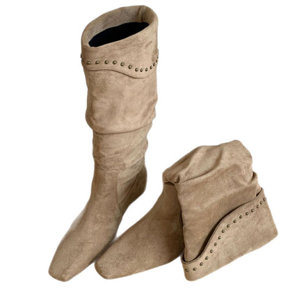 Sheepskin Version ~ French Niche Pointed Toe Wedge Heel Pile Boots Western Cowboy Boots for Women 2025 High Boots Slim Short Boots